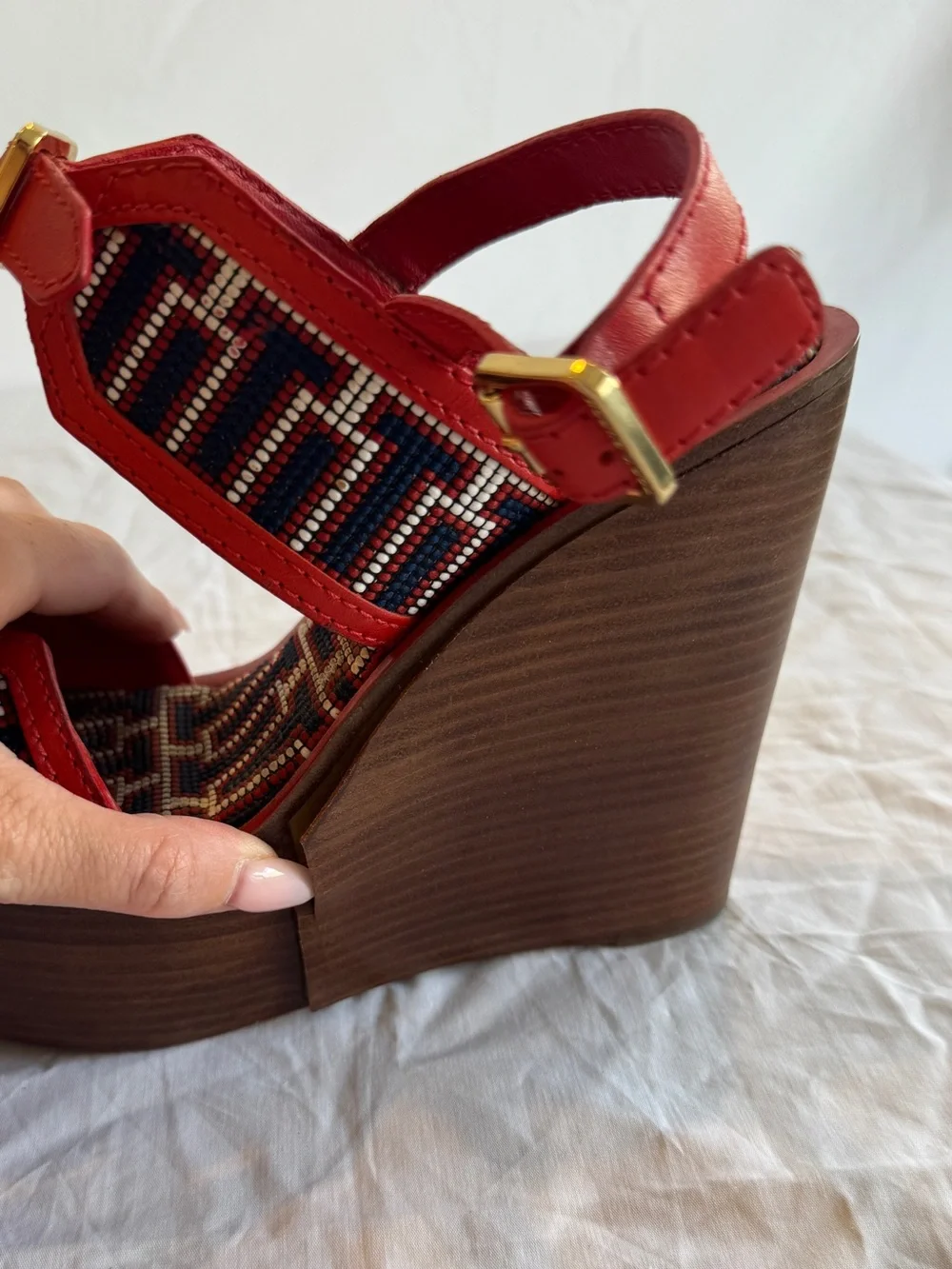 Tory Burch Red High Wedge Beaded Sandals with Gold Buckles